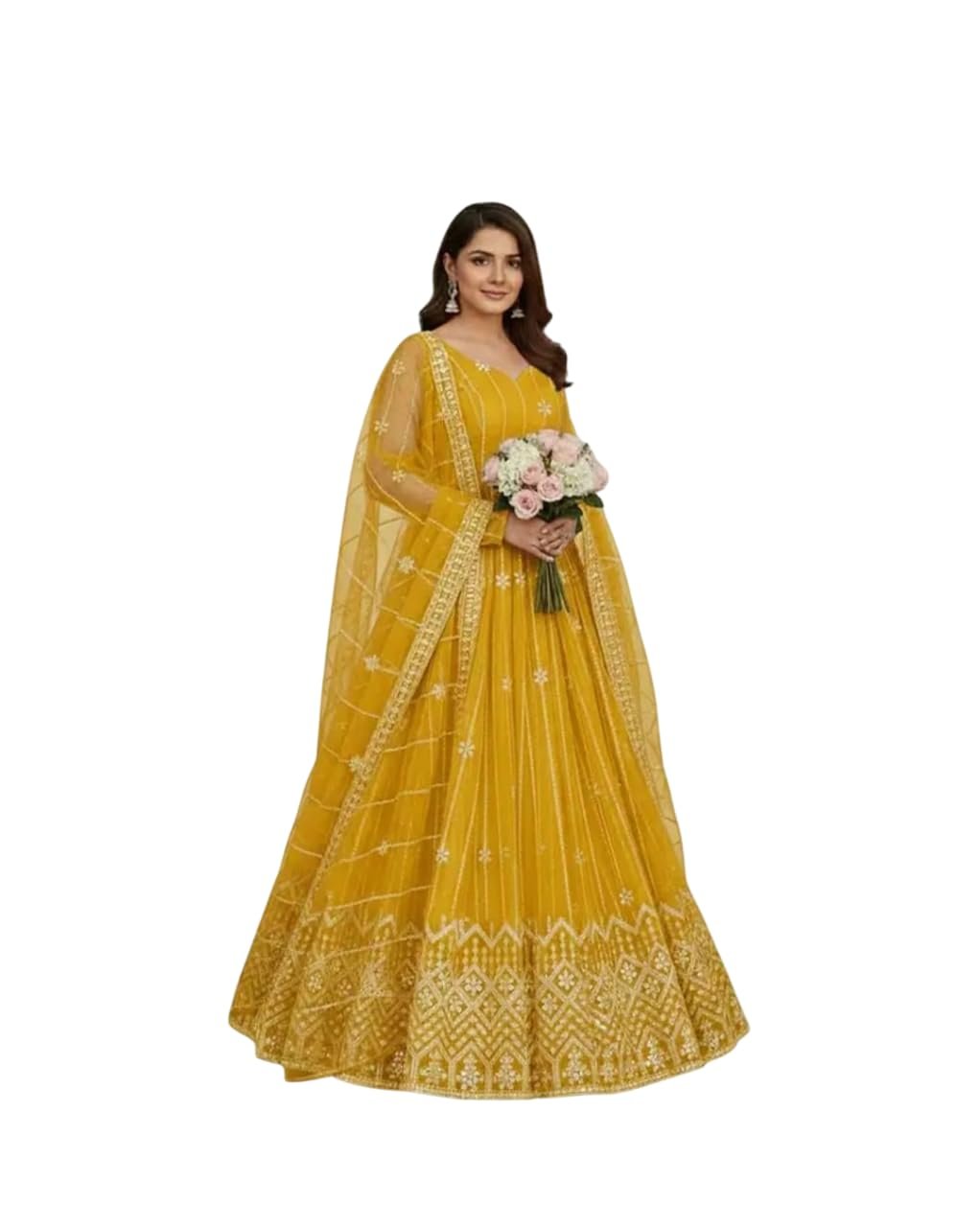 Traditional Net Lehenga Choli Set for Women and Girls | Ethnic Wedding Outfit Ghagra Choli with Matching Dupatta | Free Size, Yellow