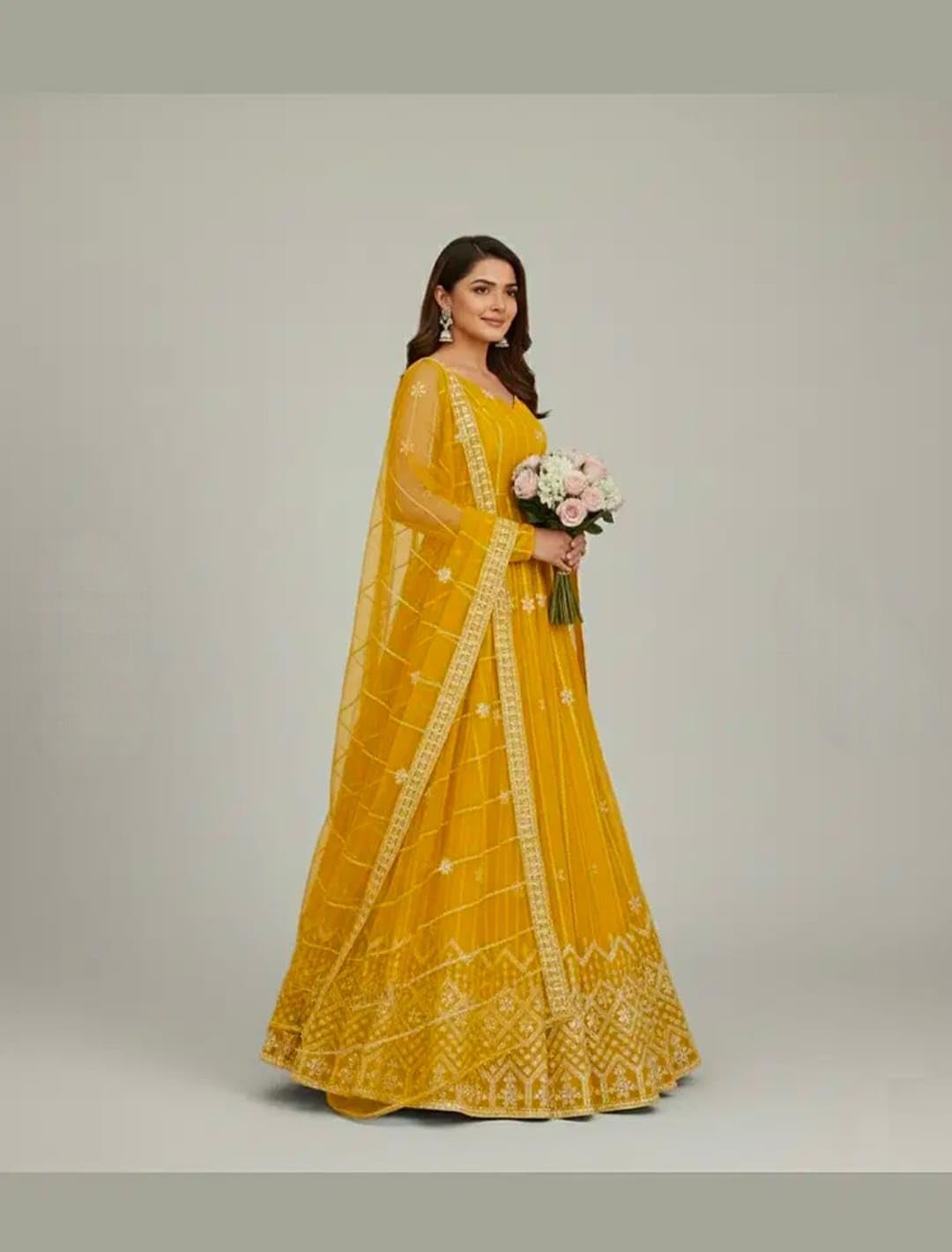 Traditional Net Lehenga Choli Set for Women and Girls | Ethnic Wedding Outfit Ghagra Choli with Matching Dupatta | Free Size, Yellow - Image 3