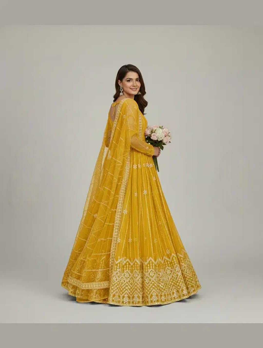 Traditional Net Lehenga Choli Set for Women and Girls | Ethnic Wedding Outfit Ghagra Choli with Matching Dupatta | Free Size, Yellow - Image 2