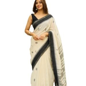 Women's Soft Linen Slab Sarees with Jaquard Work (Unstitched Blouse Piece,Off White And Black)