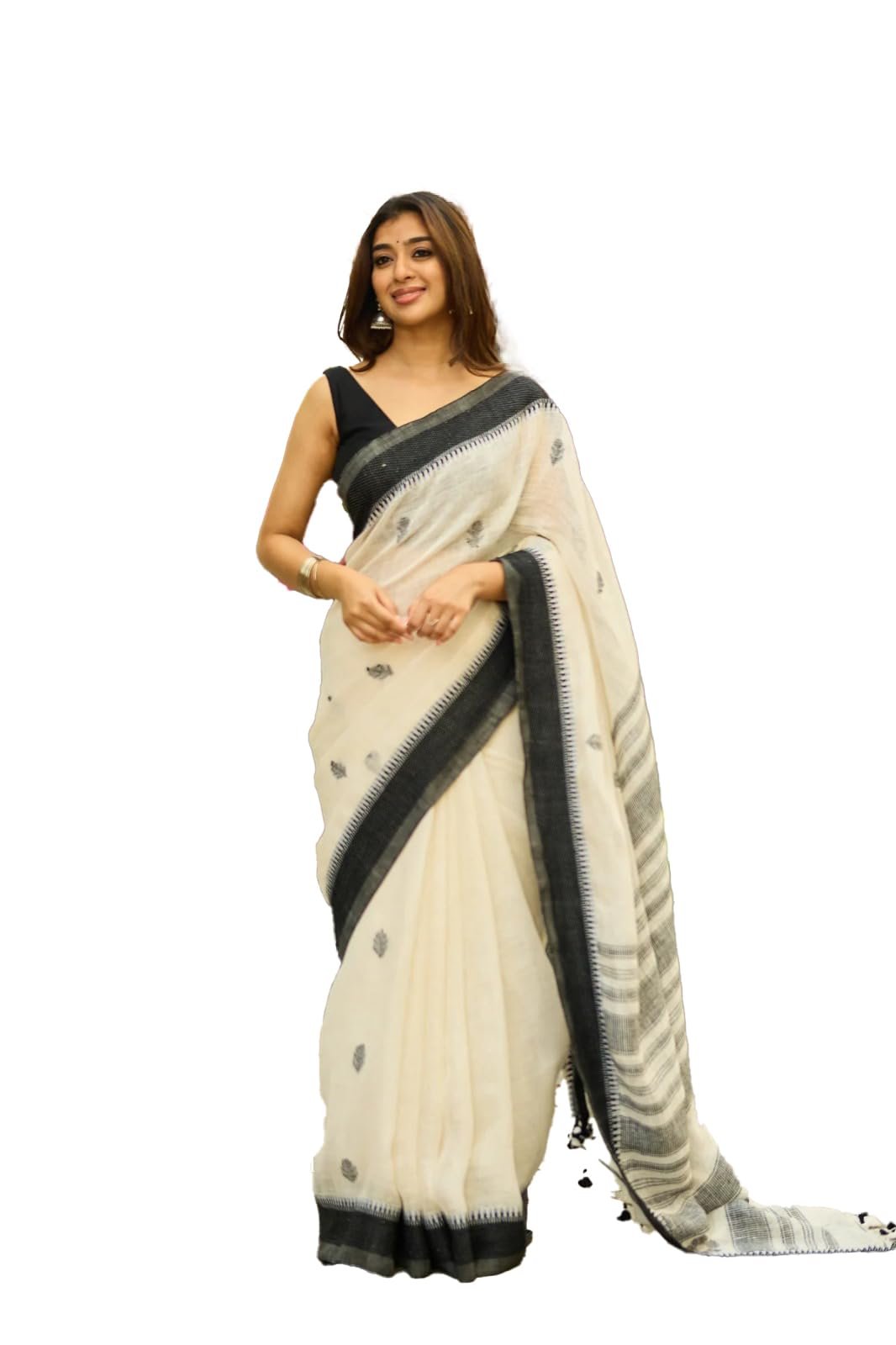 Women's Soft Linen Slab Sarees with Jaquard Work (Unstitched Blouse Piece,Off White And Black)