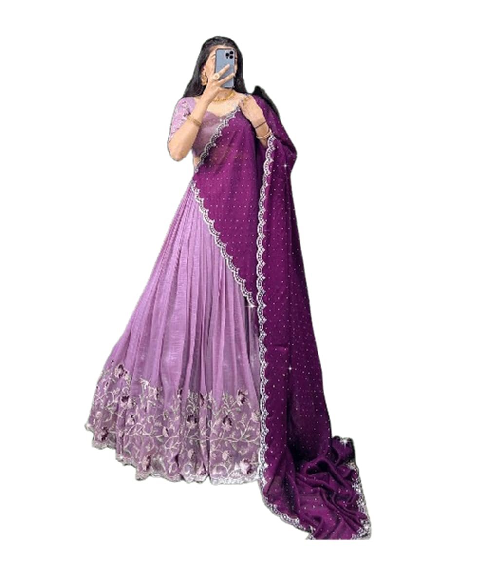 Women's Chinnon Silk Embroidered Semi Stitched Lehenga Choli With Dupatta