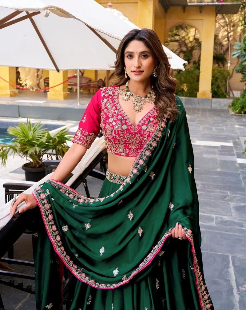 Women's Embroidered Semi-Stitched Lehenga Choli with Dupatta | Dark Green Flared Lehenga & Pink Designer Blouse | Wedding - Image 3