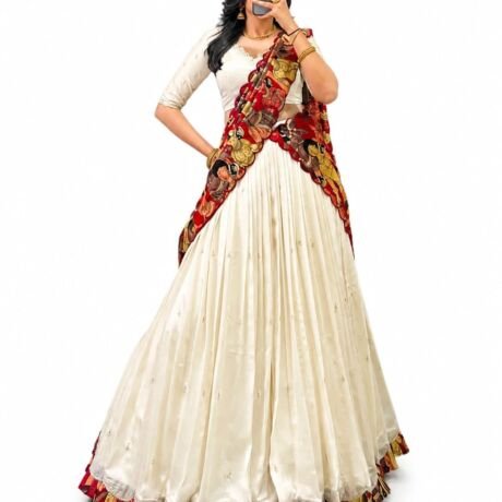 Women’s Cream Lehenga Choli with Dupatta | Stitched Tasar Silk Chaniya Choli | Kalamkari Print Ghagra with Lace Border | Flared Lehenga for Wedding Party Festive Wear
