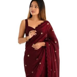 Women's Soft Fandy Satin Embroidered Saree with Sequin Work and Matching Dupion Blouse Piece (Maroon)