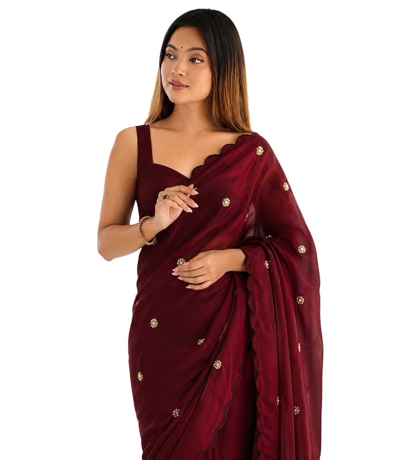 Women's Soft Fandy Satin Embroidered Saree with Sequin Work and Matching Dupion Blouse Piece (Maroon)