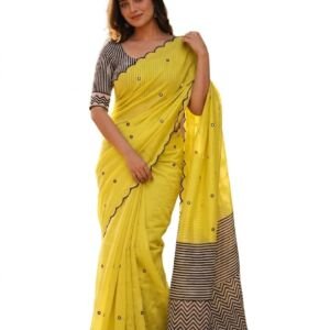 Women's Yellow Cotton Linen Saree with Mirror Work Border | Saree with unstiched Blouse Piece (Yellow)