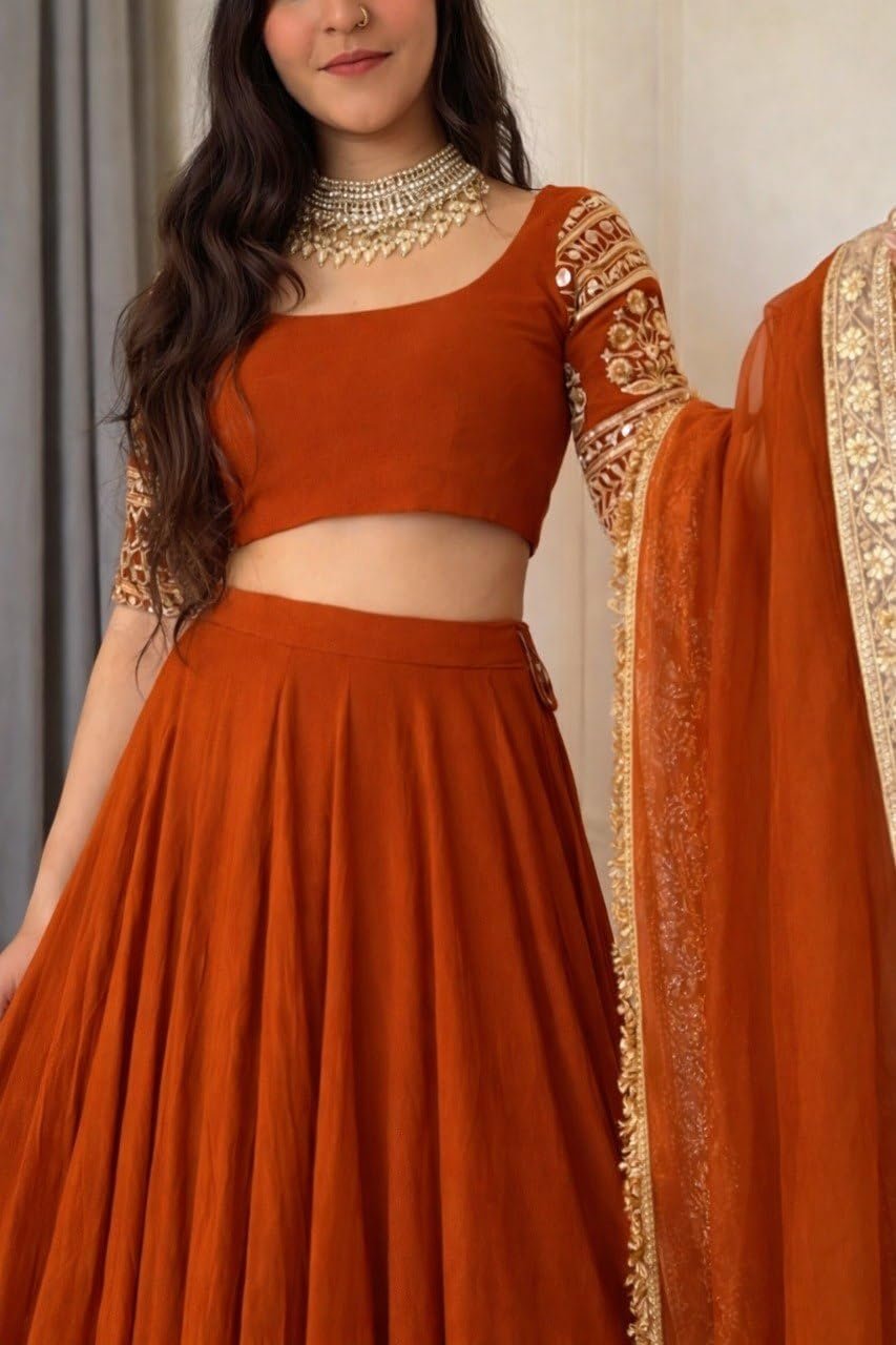 Women's Orange Designer Lehenga Choli with Dupatta | Georgette Embroidered Sequence Work Semi Stitched Wedding Lehenga for Women | Party Wear Festive Ethnic Outfit - Image 4