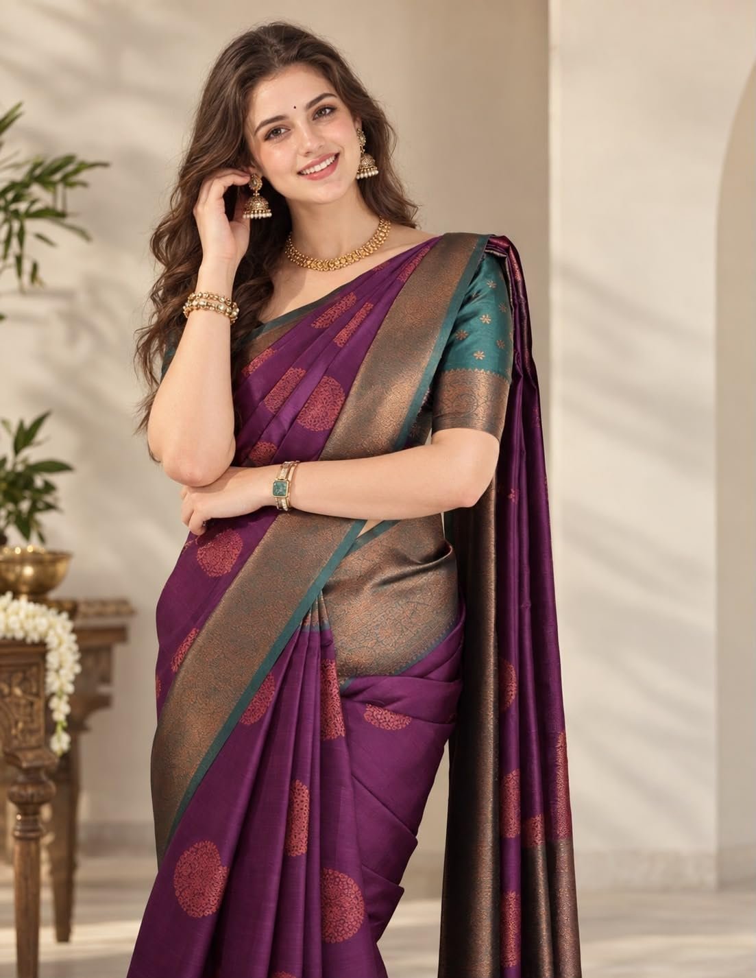Womens Premium Kanjivaram Banarasi Soft Silk Saree with Rich Woven Zari Butti and Heavy Contrast Border | Traditional Designer Festive, Wedding, Bridal and Party| With Blouse Material - Image 2