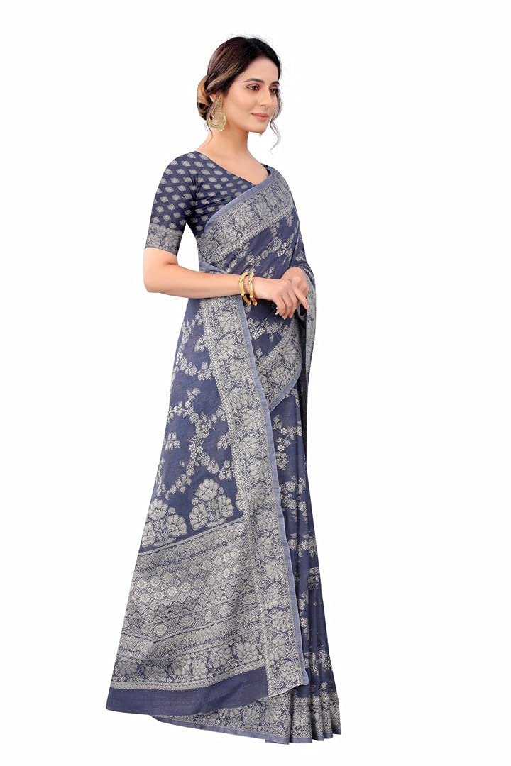 Women's Lucknowi Chikankari Linen Cotton Woven Sarees For Women With Blouse Sarees For Women - Blue - Image 4
