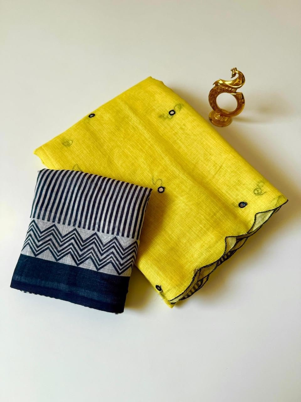Women's Yellow Cotton Linen Saree with Mirror Work Border | Saree with unstiched Blouse Piece (Yellow) - Image 2