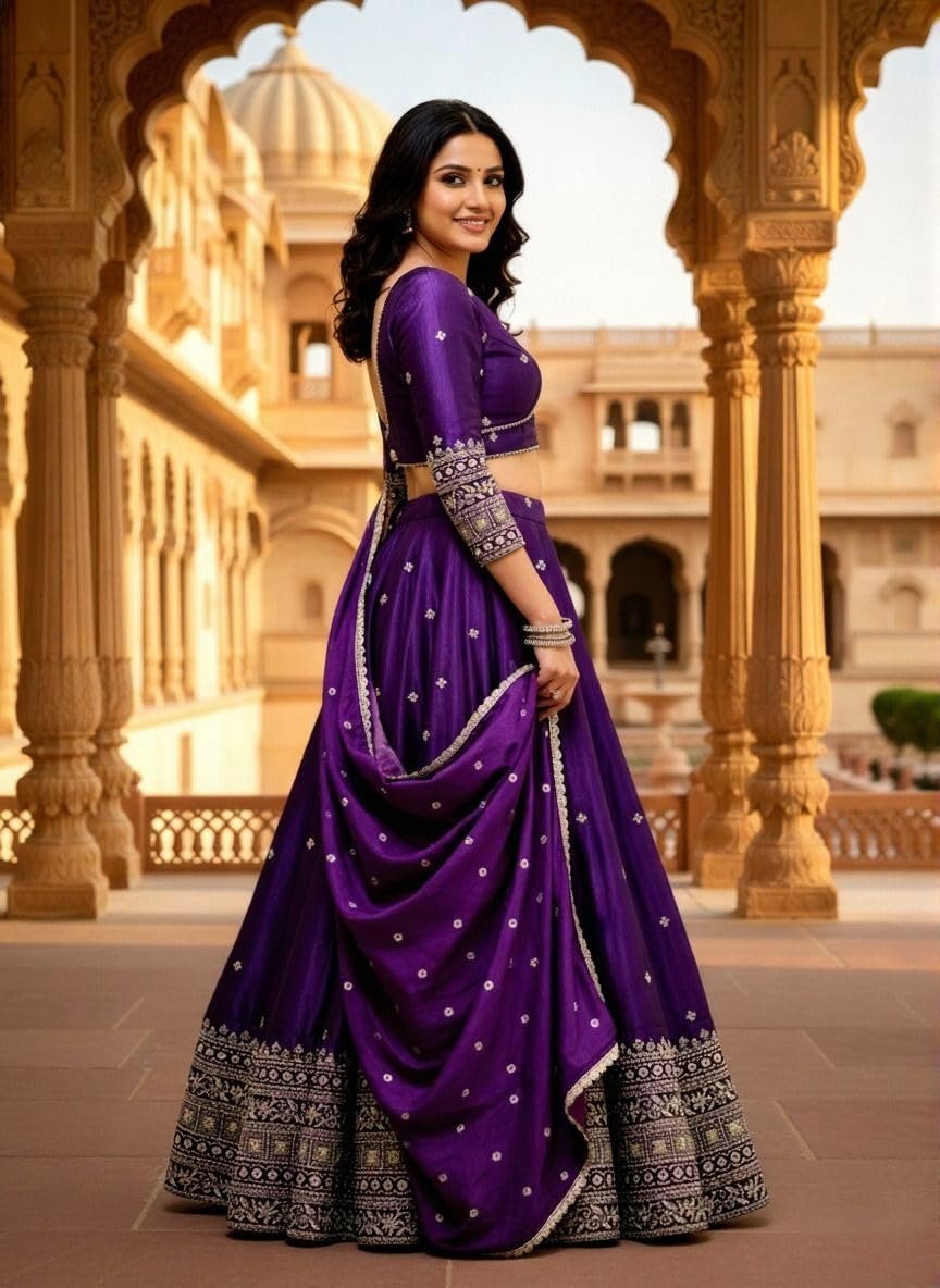 Women's Chinnon Sequins Embroidered Semi-Stitched Lehenga Choli With Dupatta Set (Purple Renuka) - Image 4