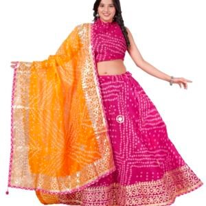 Traditional Ethnic Kota Doria Bandhani Lehenga Choli Set for Wedding, Ethnic Wear with Embroidered Gota Patti Border Readymade Lehenga Chunni Set with Running Blouse (Rani::Yellow)