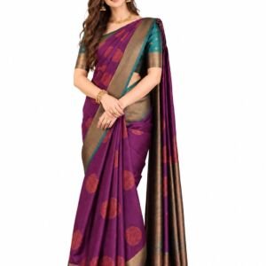 Womens Premium Kanjivaram Banarasi Soft Silk Saree with Rich Woven Zari Butti and Heavy Contrast Border | Traditional Designer Festive, Wedding, Bridal and Party| With Blouse Material