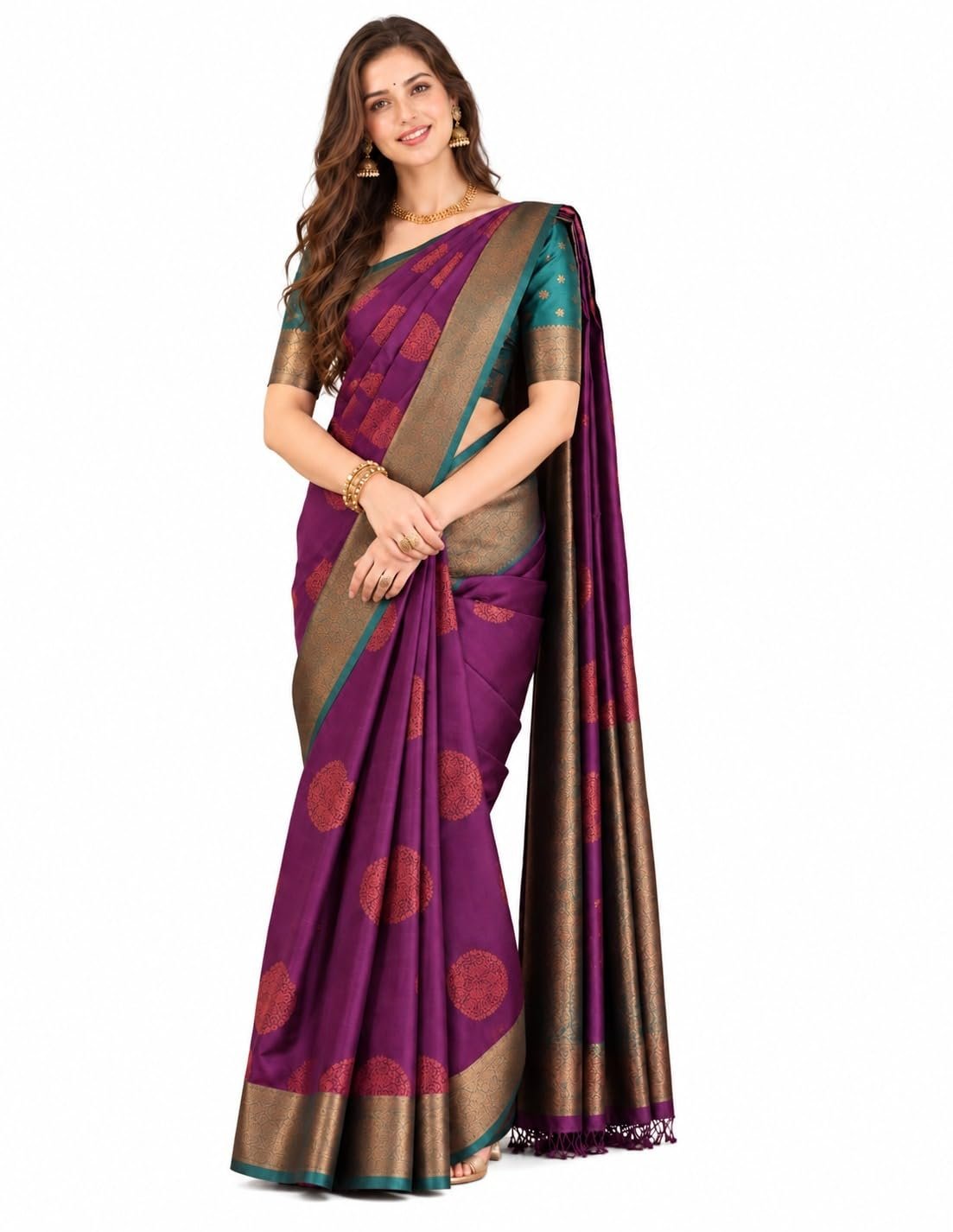 Womens Premium Kanjivaram Banarasi Soft Silk Saree with Rich Woven Zari Butti and Heavy Contrast Border | Traditional Designer Festive, Wedding, Bridal and Party| With Blouse Material