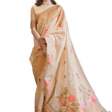 Womens Kanjivaram Banarasi Silk Saree Patola saree with Unstitched blouse piece (CREAM)