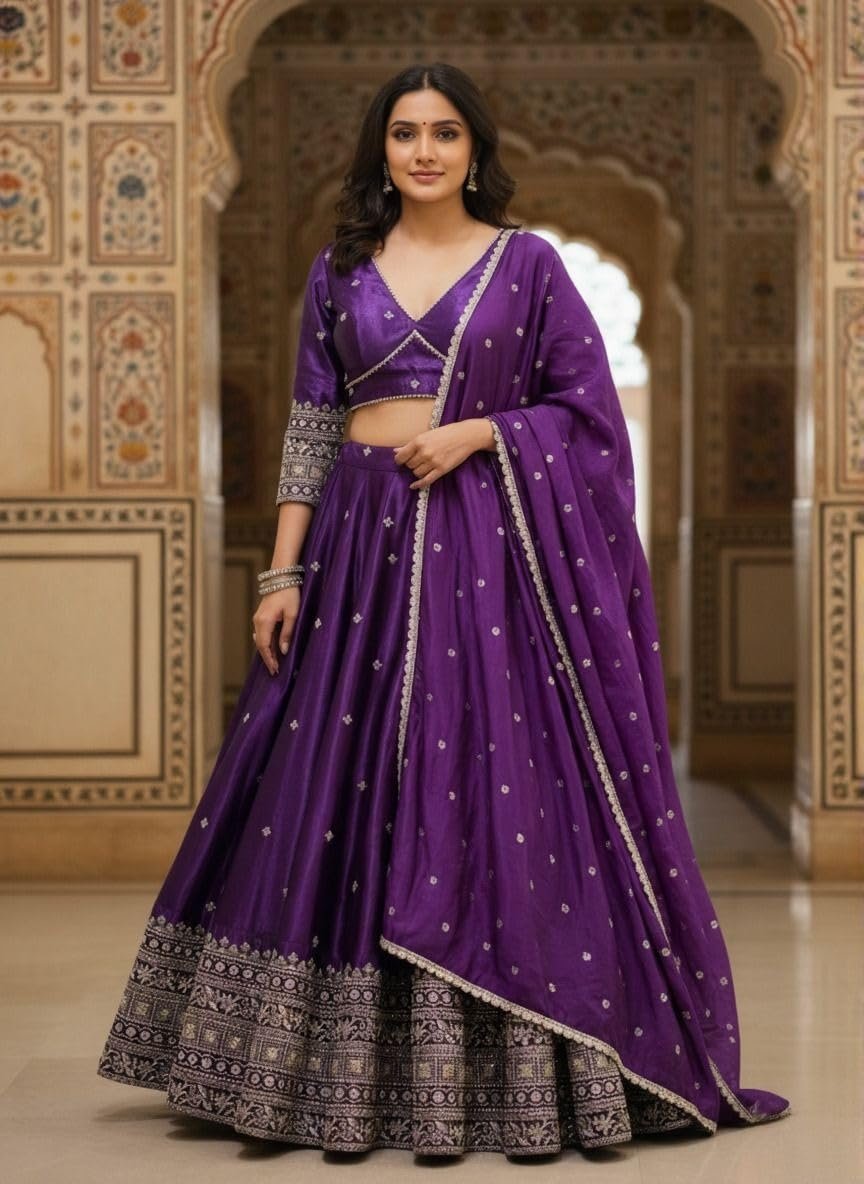 Women's Chinnon Sequins Embroidered Semi-Stitched Lehenga Choli With Dupatta Set (Purple Renuka) - Image 2