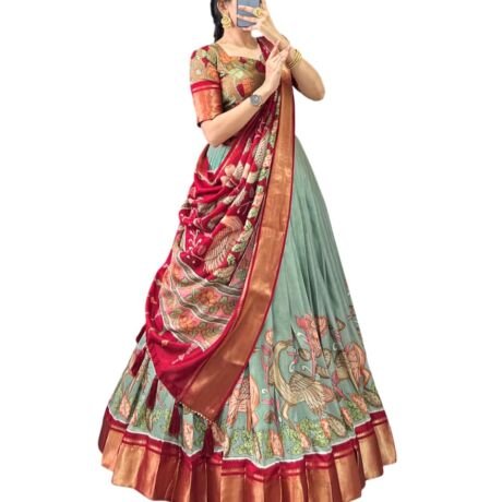 Women's Trending Designeer Tussar Silk Lehenga Choli Print with Foil Work With Unstitched Blouse Patola Print Adorned with Foil Work For Navrati || Wedding (PANKHUDI SGREEN)