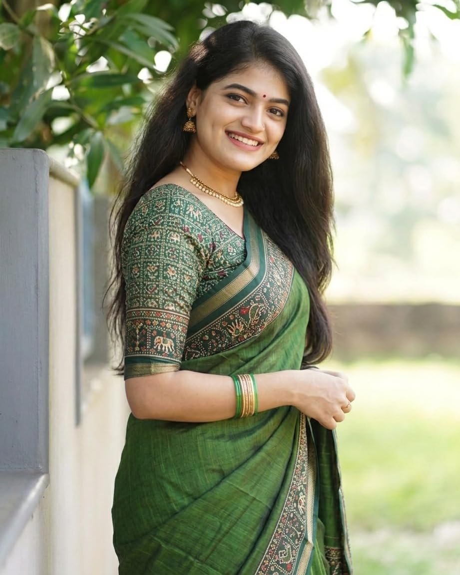 Woven Kanjivaram Printed Malmal Cotton Jari Border Saree (Available in 12 colours/designs) (Light Green) - Image 4
