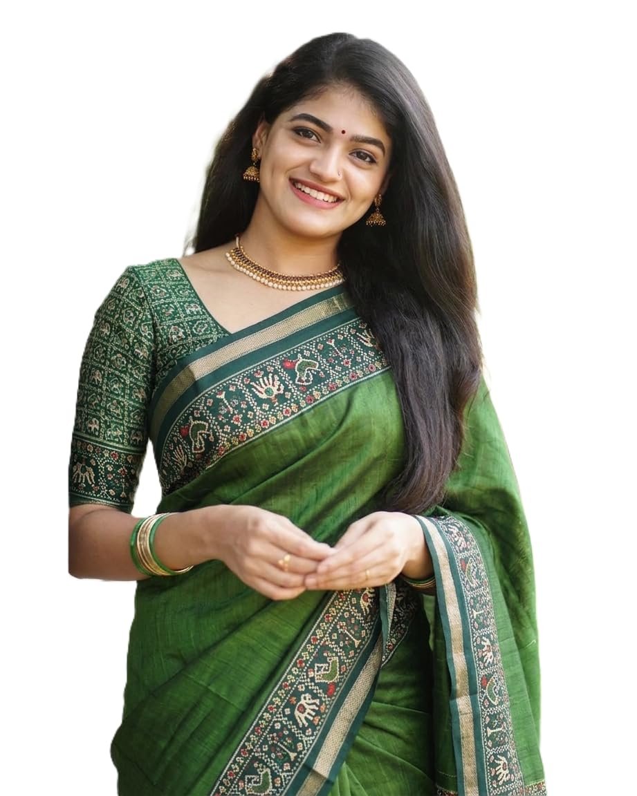 Woven Kanjivaram Printed Malmal Cotton Jari Border Saree (Available in 12 colours/designs) (Light Green)