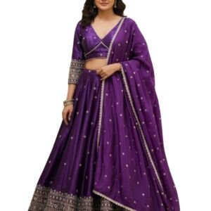 Women's Chinnon Sequins Embroidered Semi-Stitched Lehenga Choli With Dupatta Set (Purple Renuka)