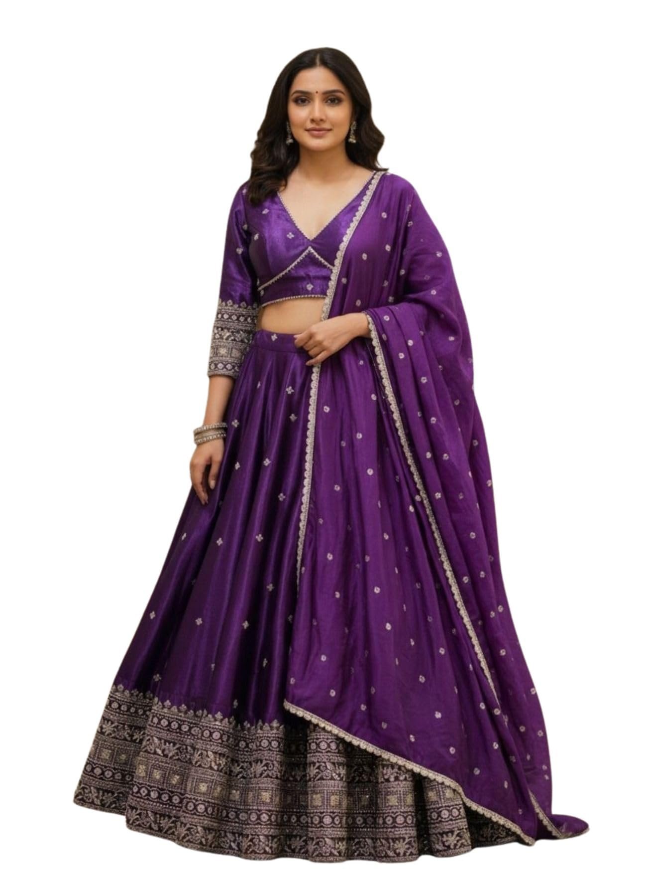 Women's Chinnon Sequins Embroidered Semi-Stitched Lehenga Choli With Dupatta Set (Purple Renuka)