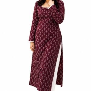 Rayon Long Kurti for Girls Printed Full Sleeve Wine