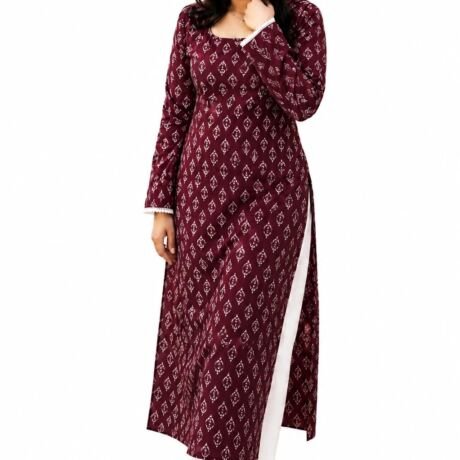 Rayon Long Kurti for Girls Printed Full Sleeve Wine