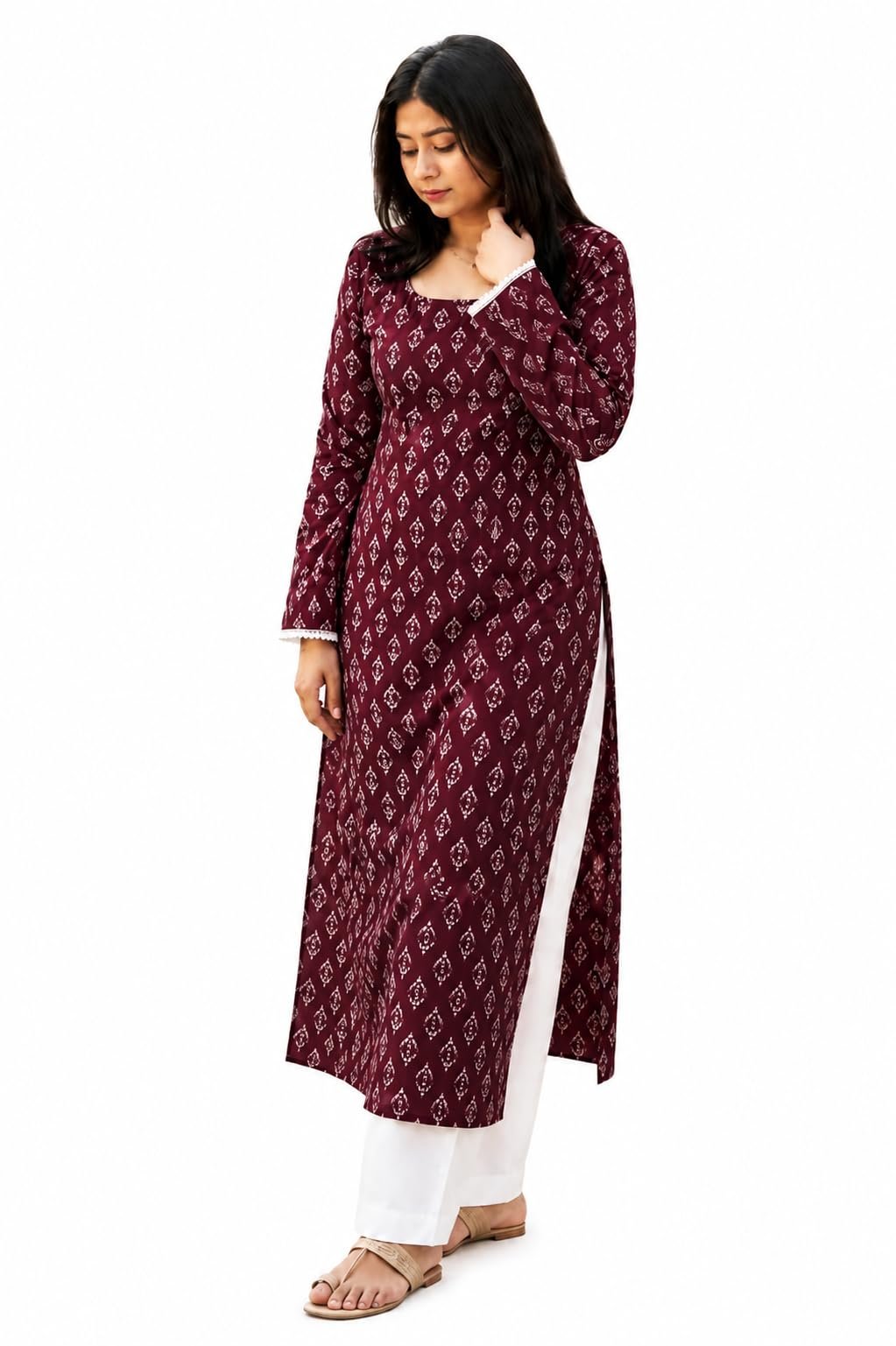 Rayon Long Kurti for Girls Printed Full Sleeve Wine