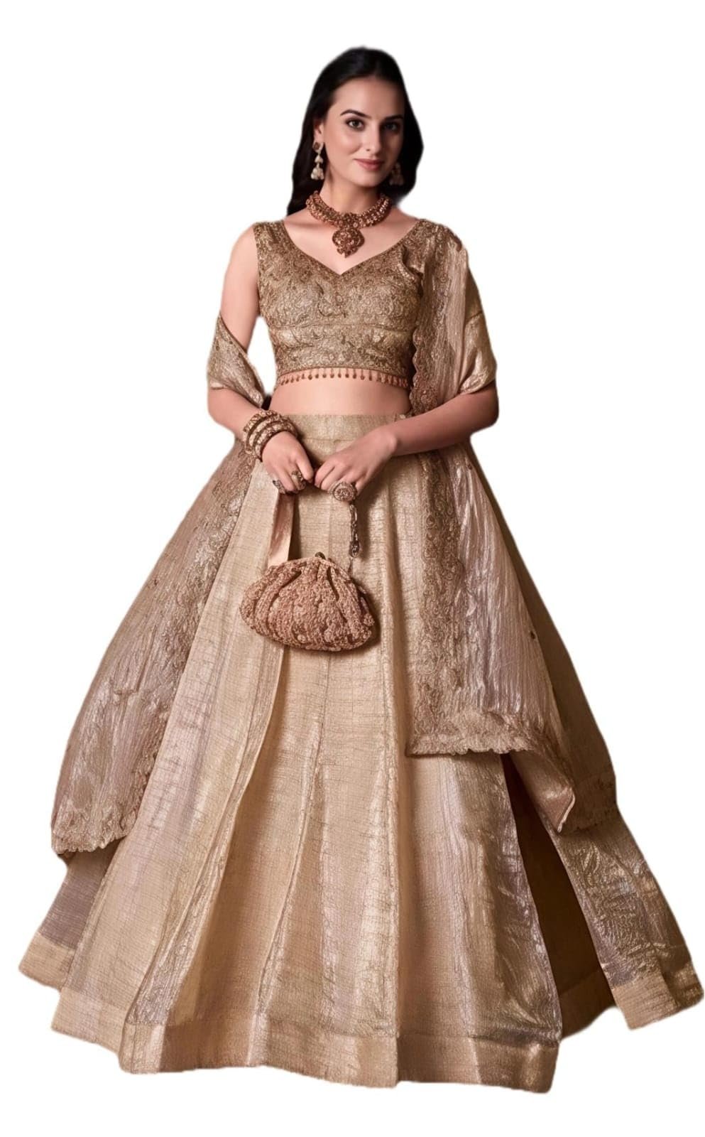 Women’s Cream Gold Crush Silk Zari Embroidery Work Semi Stiched Lehenga Choli