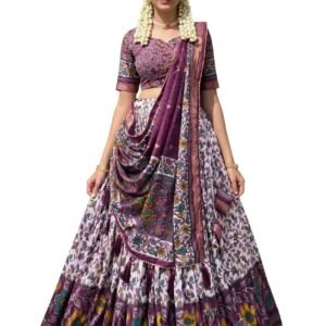 Women's Trending Designeer Tussar Silk Lehenga Choli Print with Foil Work With Unstitched Blouse Patola Print Adorned with Foil Work For Navrati || Wedding || Festival (1217 PURPLE)