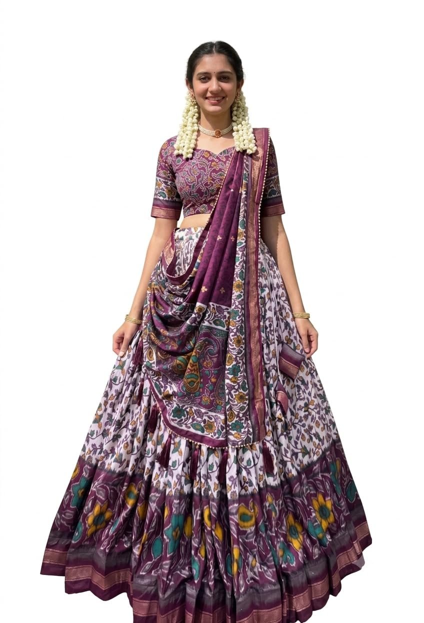 Women's Trending Designeer Tussar Silk Lehenga Choli Print with Foil Work With Unstitched Blouse Patola Print Adorned with Foil Work For Navrati || Wedding || Festival (1217 PURPLE)