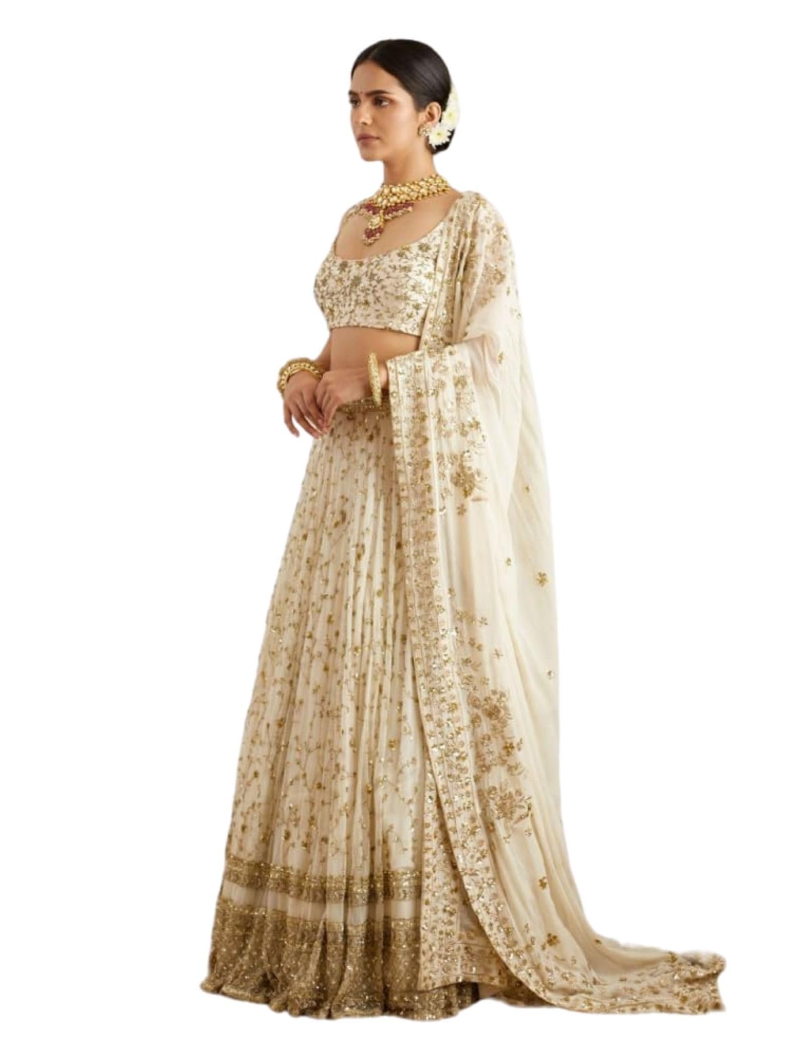 Georgette Zari Embroidered Work White Semi-Stitched Lehenga Choli For Women