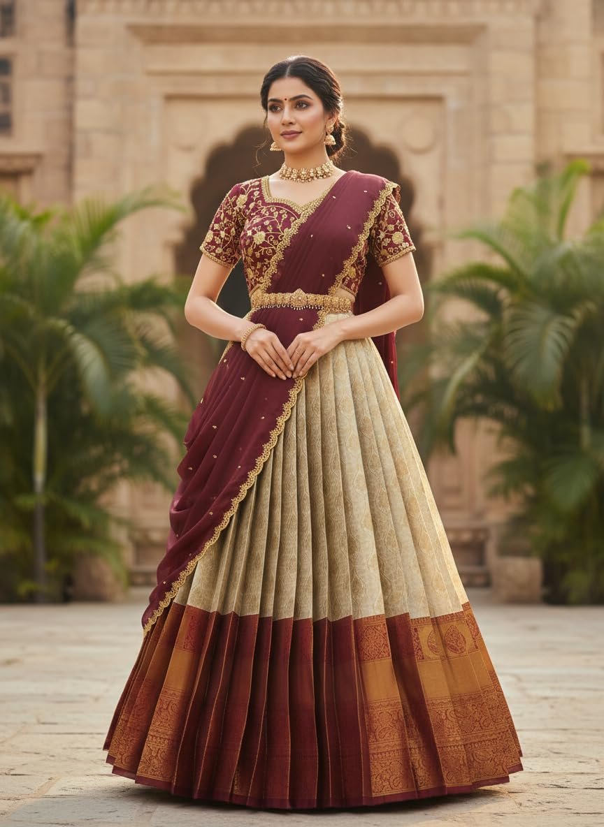 Beautiful South Indian Style Unstitch Lehenga Choli for Women | PL235 (Cream) - Image 2