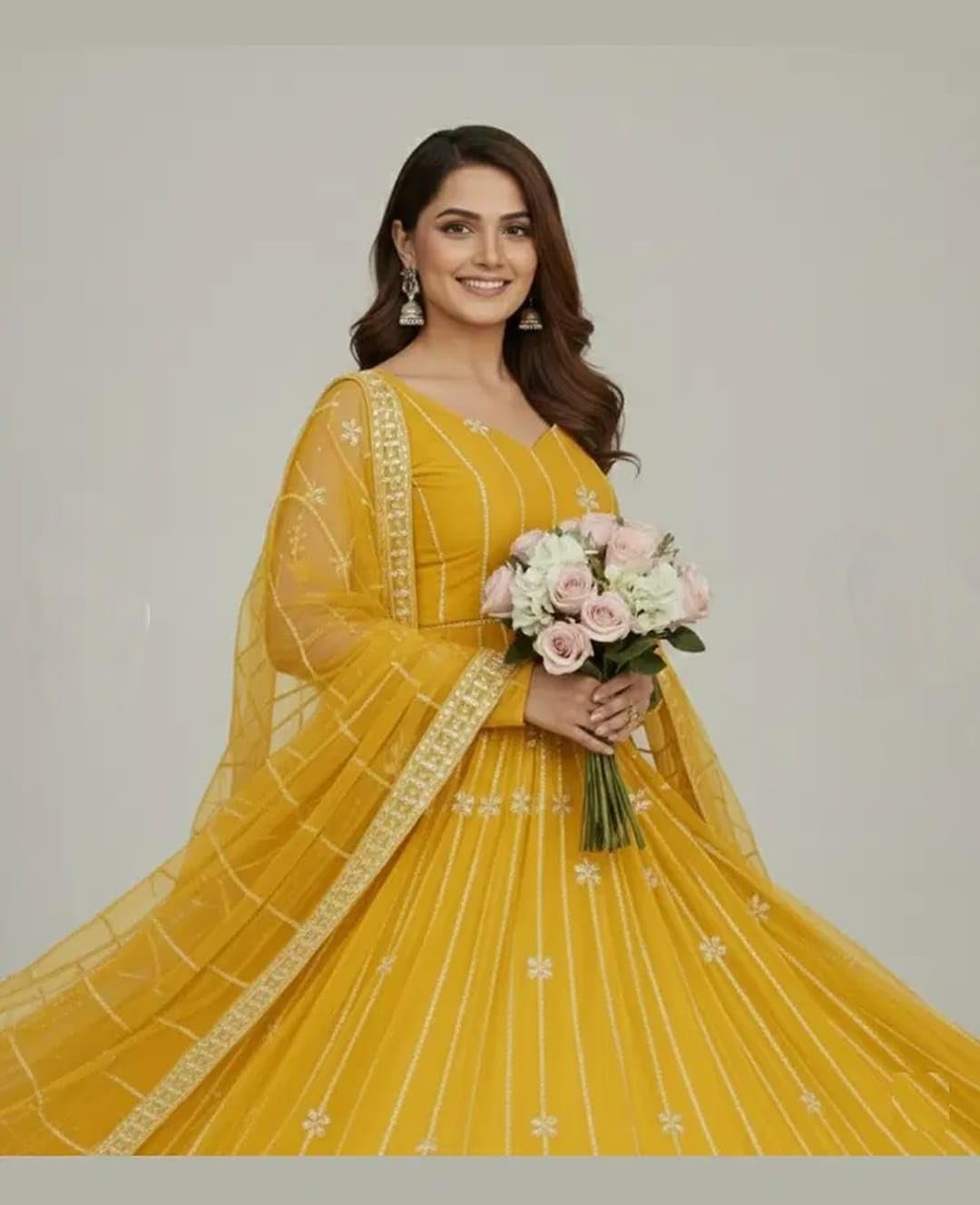 Traditional Net Lehenga Choli Set for Women and Girls | Ethnic Wedding Outfit Ghagra Choli with Matching Dupatta | Free Size, Yellow - Image 4