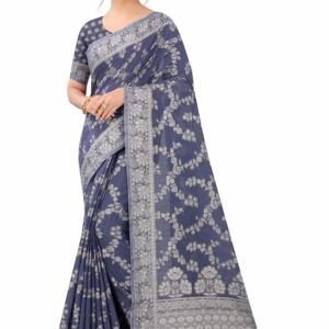 Women's Lucknowi Chikankari Linen Cotton Woven Sarees For Women With Blouse Sarees For Women - Blue