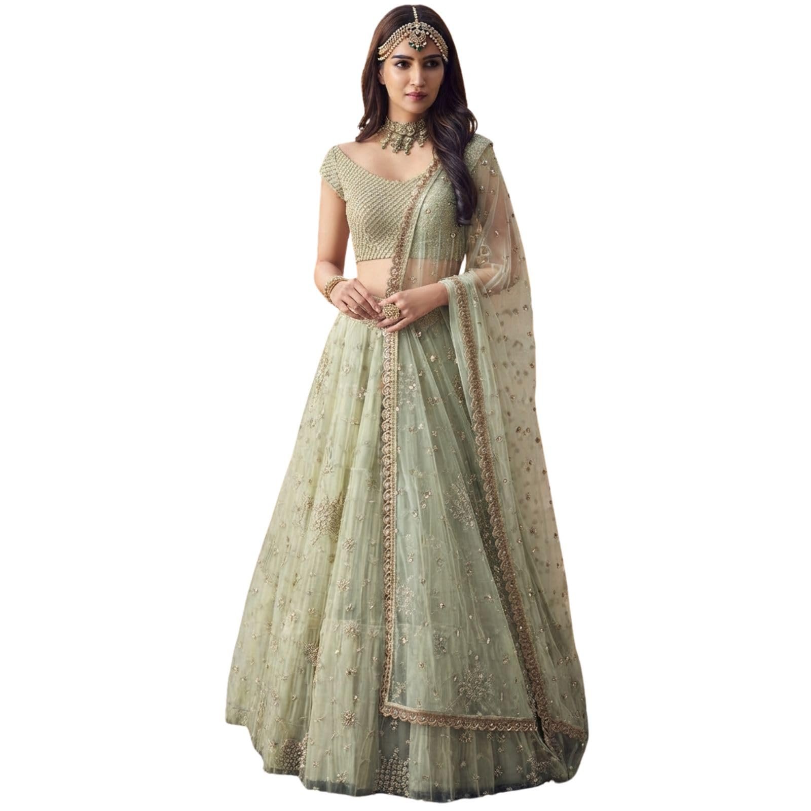 Pista Green Soft Net Embroidery Work Semi Sttiched Lehenga Choli Set For Women
