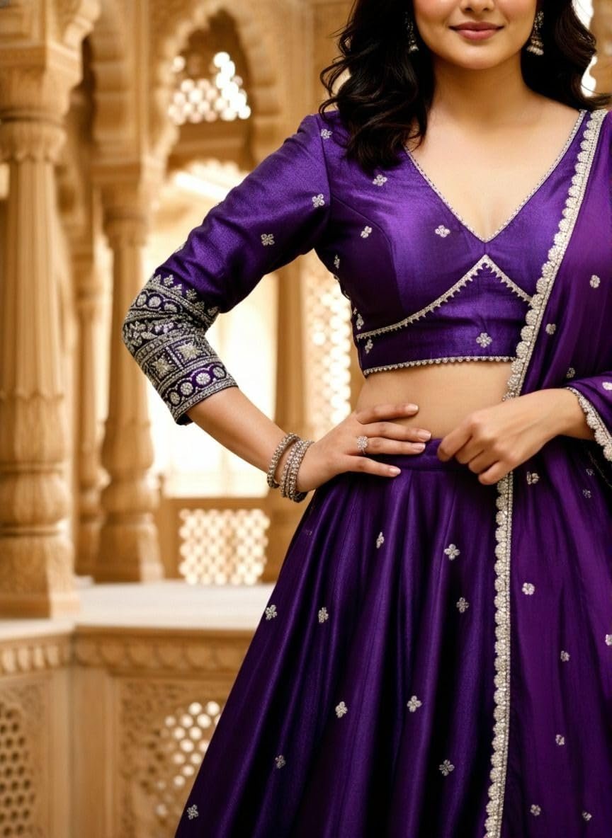 Women's Chinnon Sequins Embroidered Semi-Stitched Lehenga Choli With Dupatta Set (Purple Renuka) - Image 5