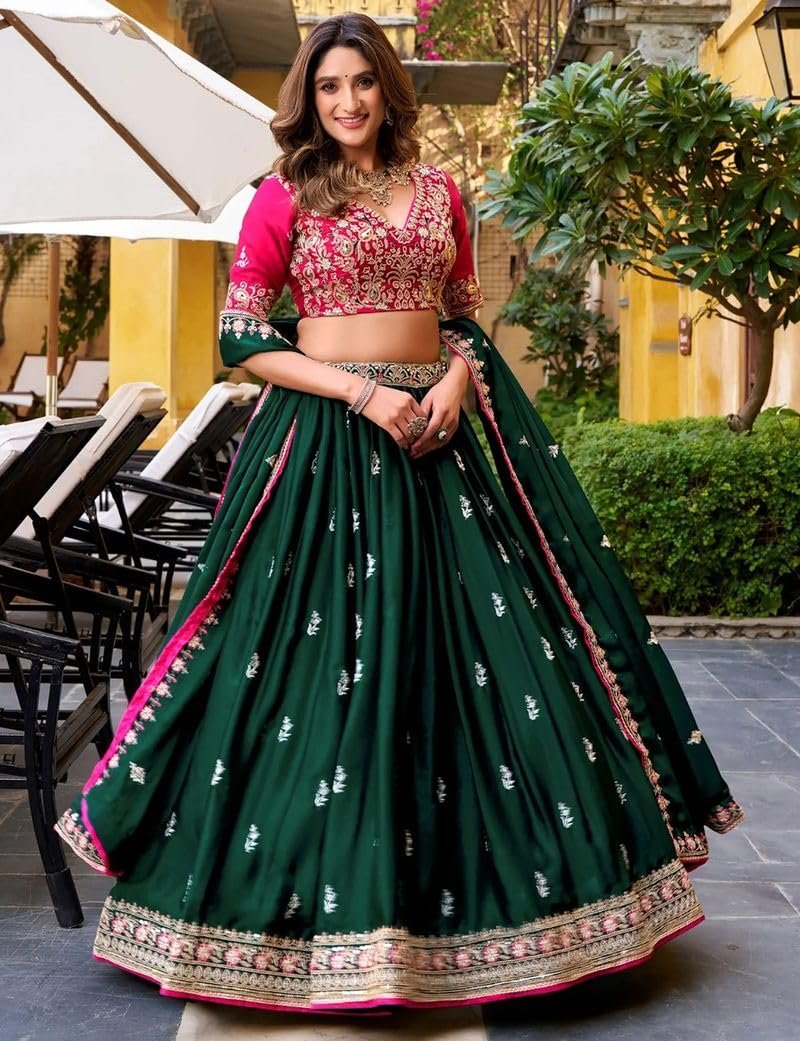 Women's Embroidered Semi-Stitched Lehenga Choli with Dupatta | Dark Green Flared Lehenga & Pink Designer Blouse | Wedding