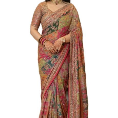 Women Printed Chinon Silk Saree with Zari Woven Mirror Work and Unstitched Blouse Piece
