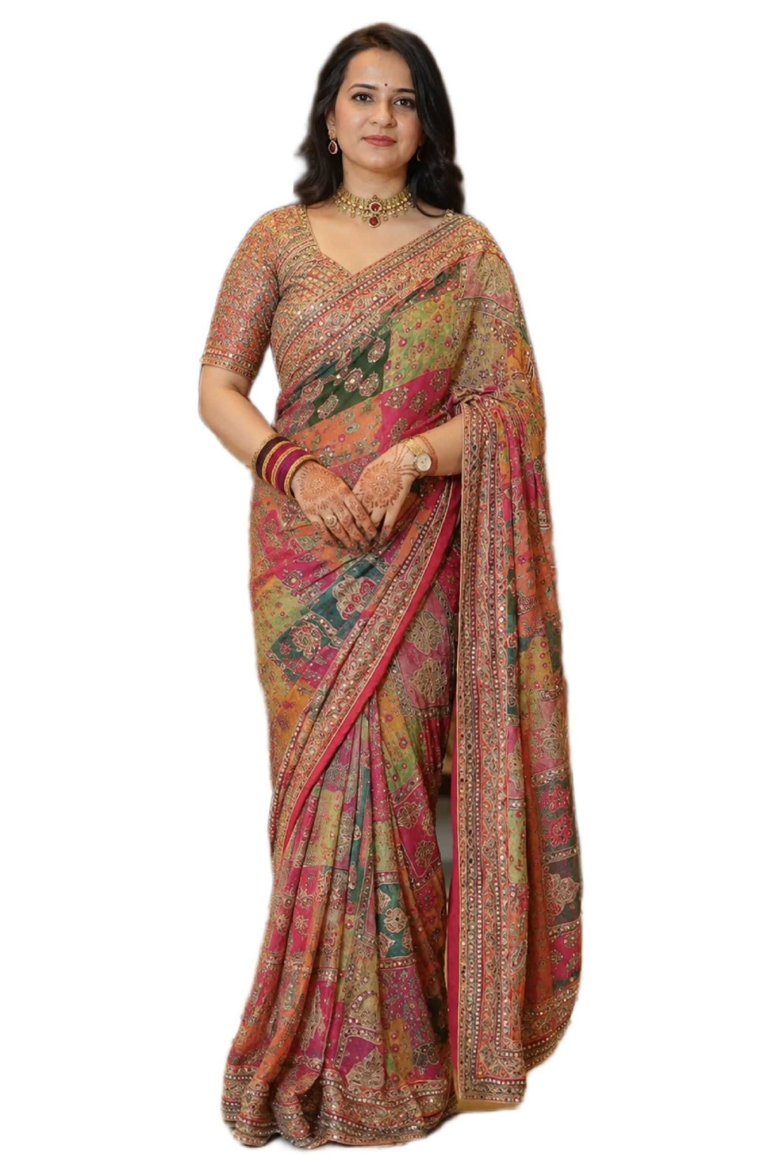 Women Printed Chinon Silk Saree with Zari Woven Mirror Work and Unstitched Blouse Piece