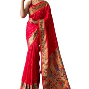 Women's Paithani Soft Lichi Silk Kanjivaram Sarees With Blouse Piece (Red)