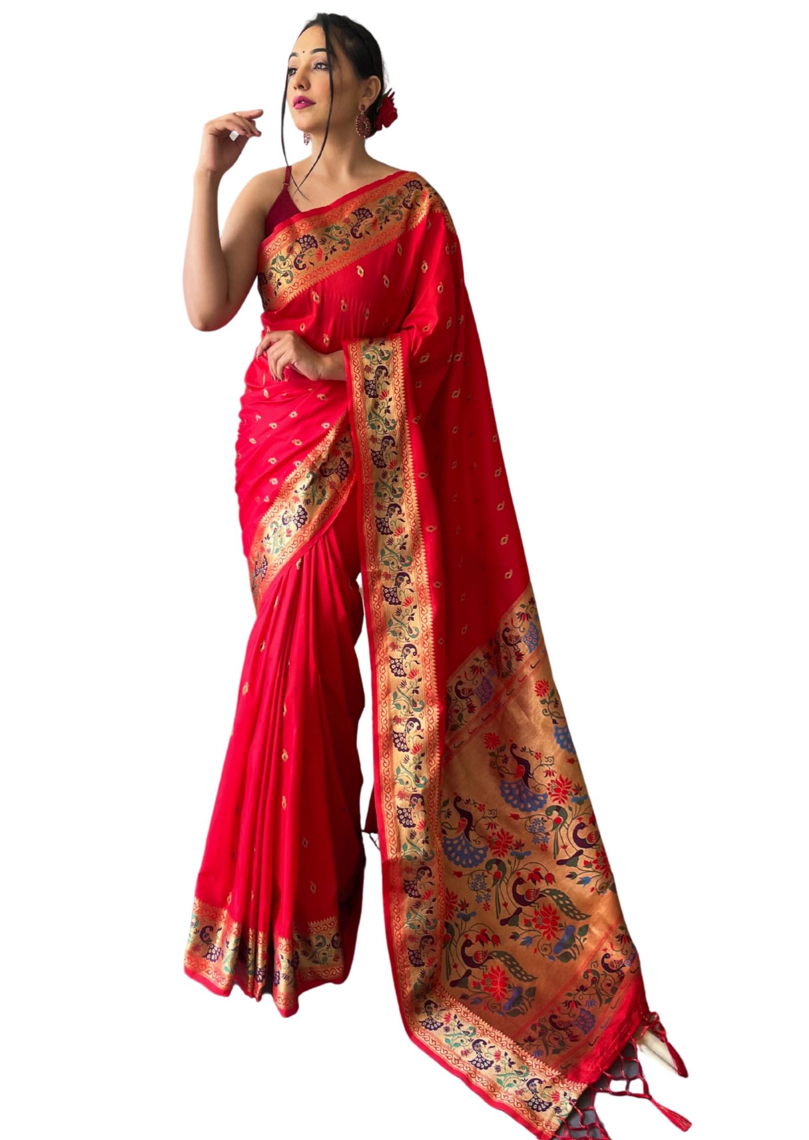 Women's Paithani Soft Lichi Silk Kanjivaram Sarees With Blouse Piece (Red)