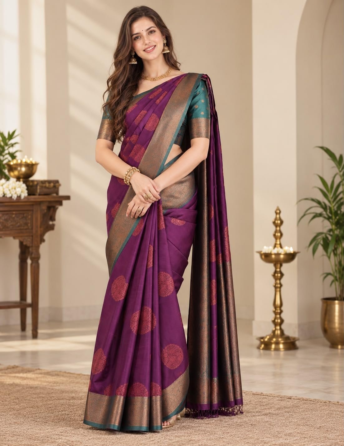 Womens Premium Kanjivaram Banarasi Soft Silk Saree with Rich Woven Zari Butti and Heavy Contrast Border | Traditional Designer Festive, Wedding, Bridal and Party| With Blouse Material - Image 3