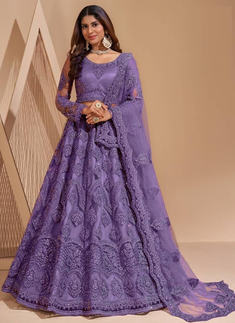 Women Lehenga Choli | Net Fabric Lehnega Choli and Dupatta | Round Neck Ethnic Outfit (Purple, Free) - Image 3