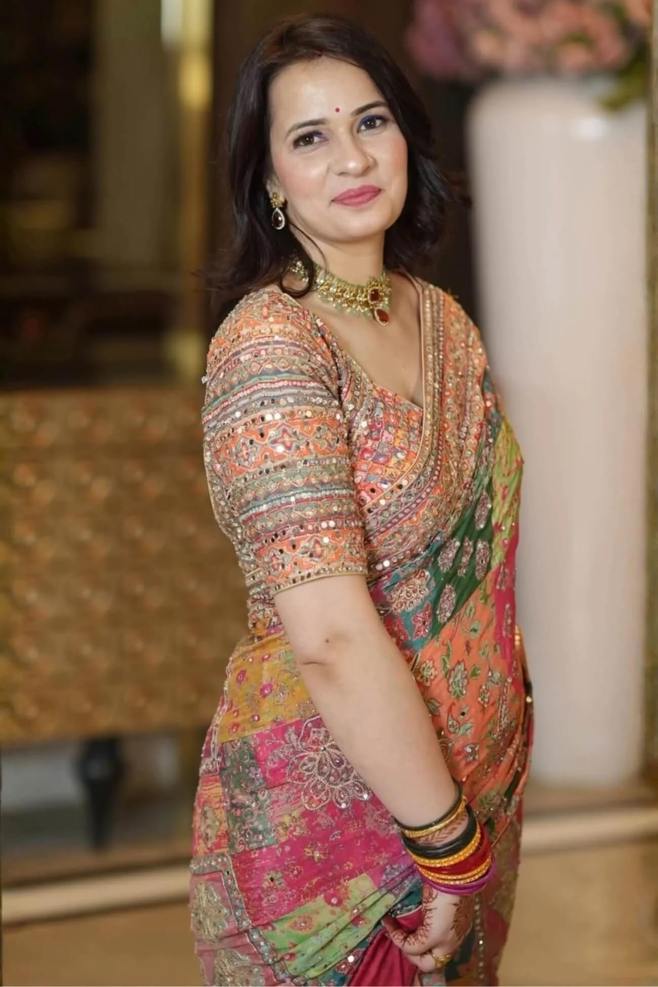Women Printed Chinon Silk Saree with Zari Woven Mirror Work and Unstitched Blouse Piece - Image 2