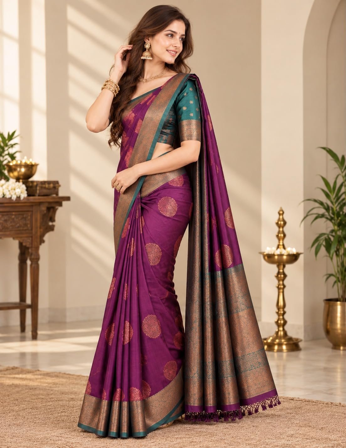 Womens Premium Kanjivaram Banarasi Soft Silk Saree with Rich Woven Zari Butti and Heavy Contrast Border | Traditional Designer Festive, Wedding, Bridal and Party| With Blouse Material - Image 5