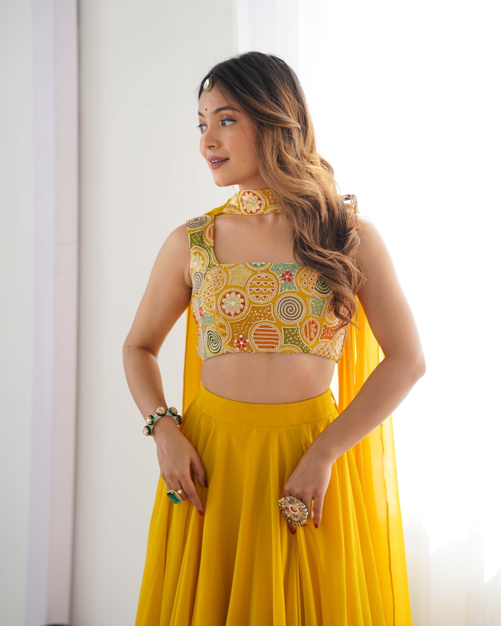 Women’s stitched Lehenga Choli Set with Dupatta | Festive Designer Outfit (Standard, Yellow) - Image 7