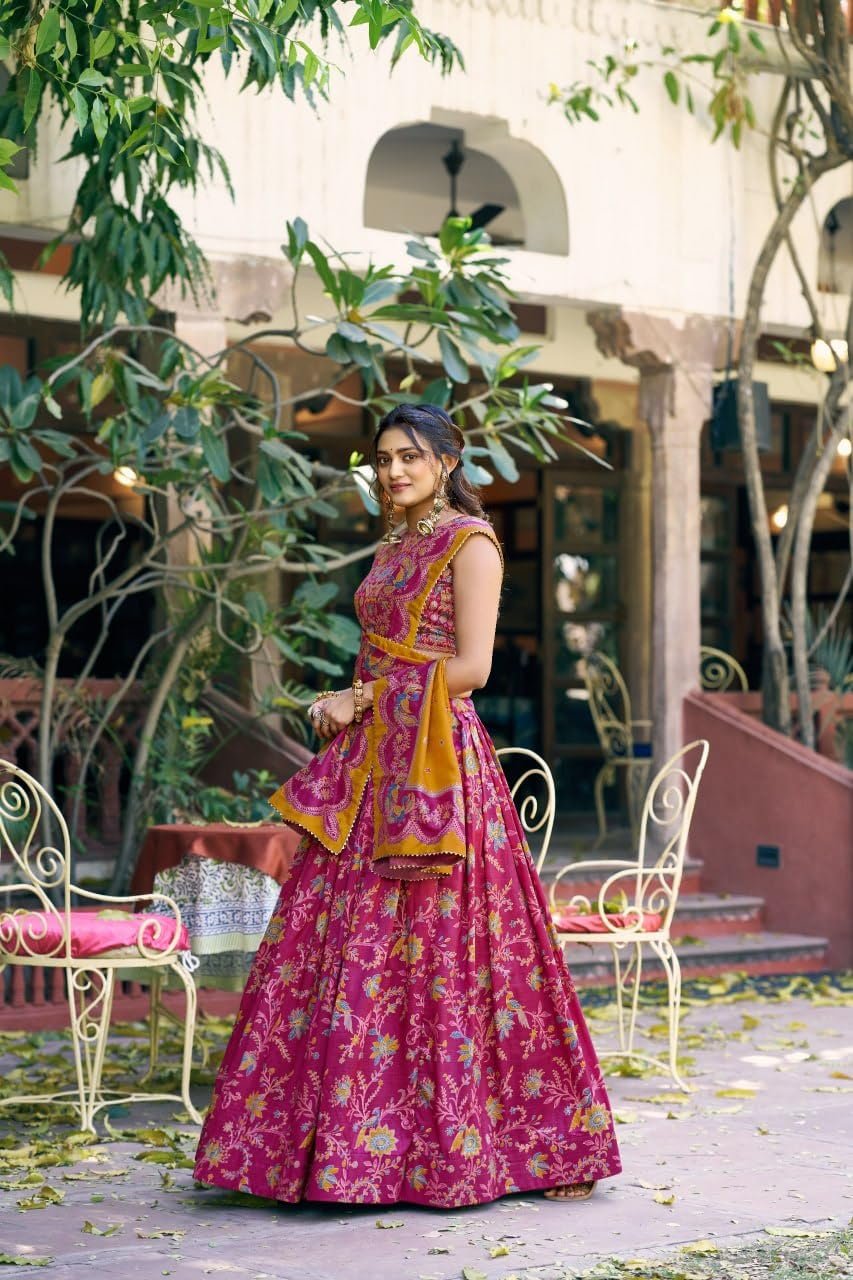 Pink Women's Dolla Tusser Silk Lehenga Choli with Dupatta, Floral Printed Designer Ghagra Choli, Foil Work Navratri Festive Traditional Ethnic Lehenga Set - Image 4