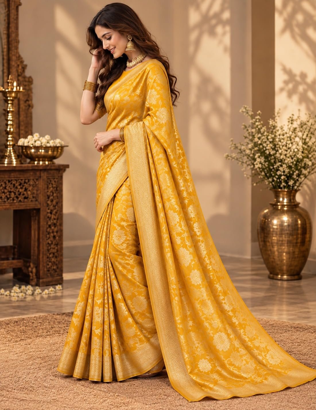 Womens Premium Kanjivaram Banarasi Soft Silk Saree with Exquisite All-Over Floral Zari Weaving and Rich Heavy Border | Traditional Designer Festive Wedding with Blouse Material - Image 5